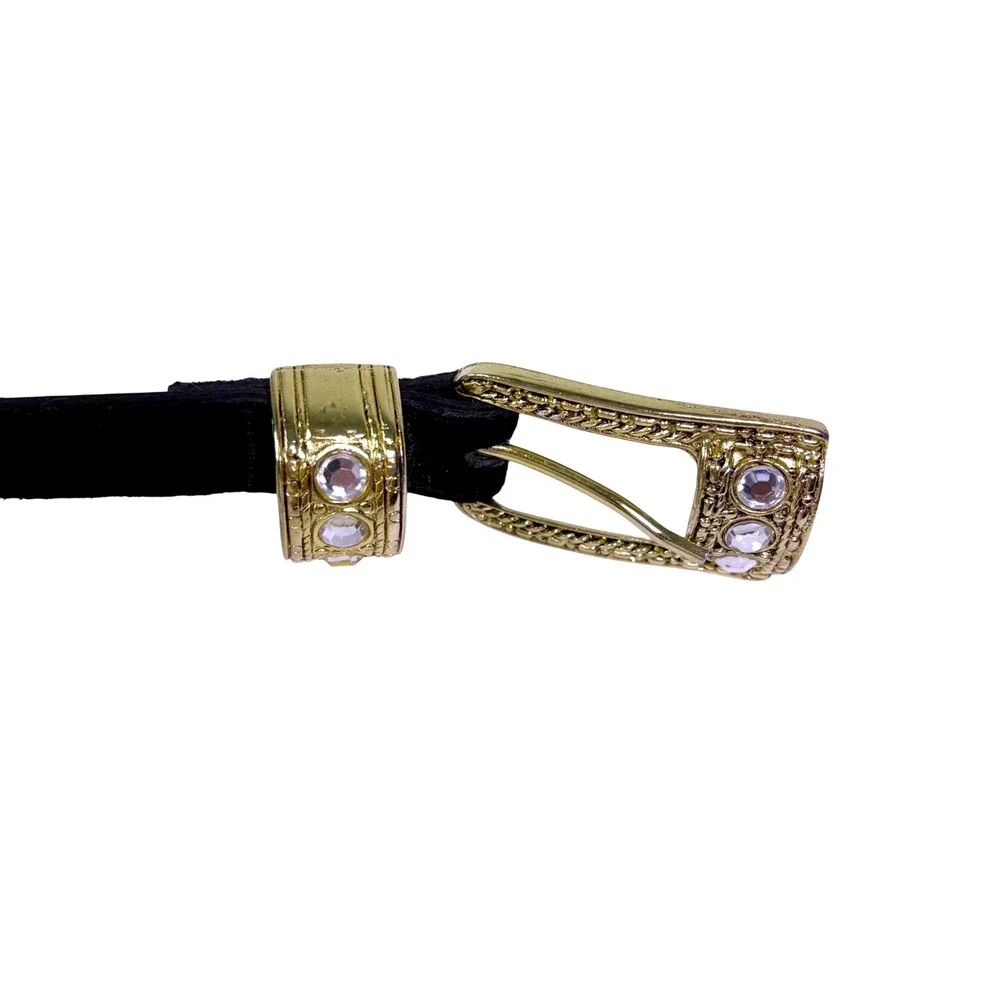 Western Belt Womens L 32 Black Rhinestone Gold Tone Suede Leather Cowgirl Vtg